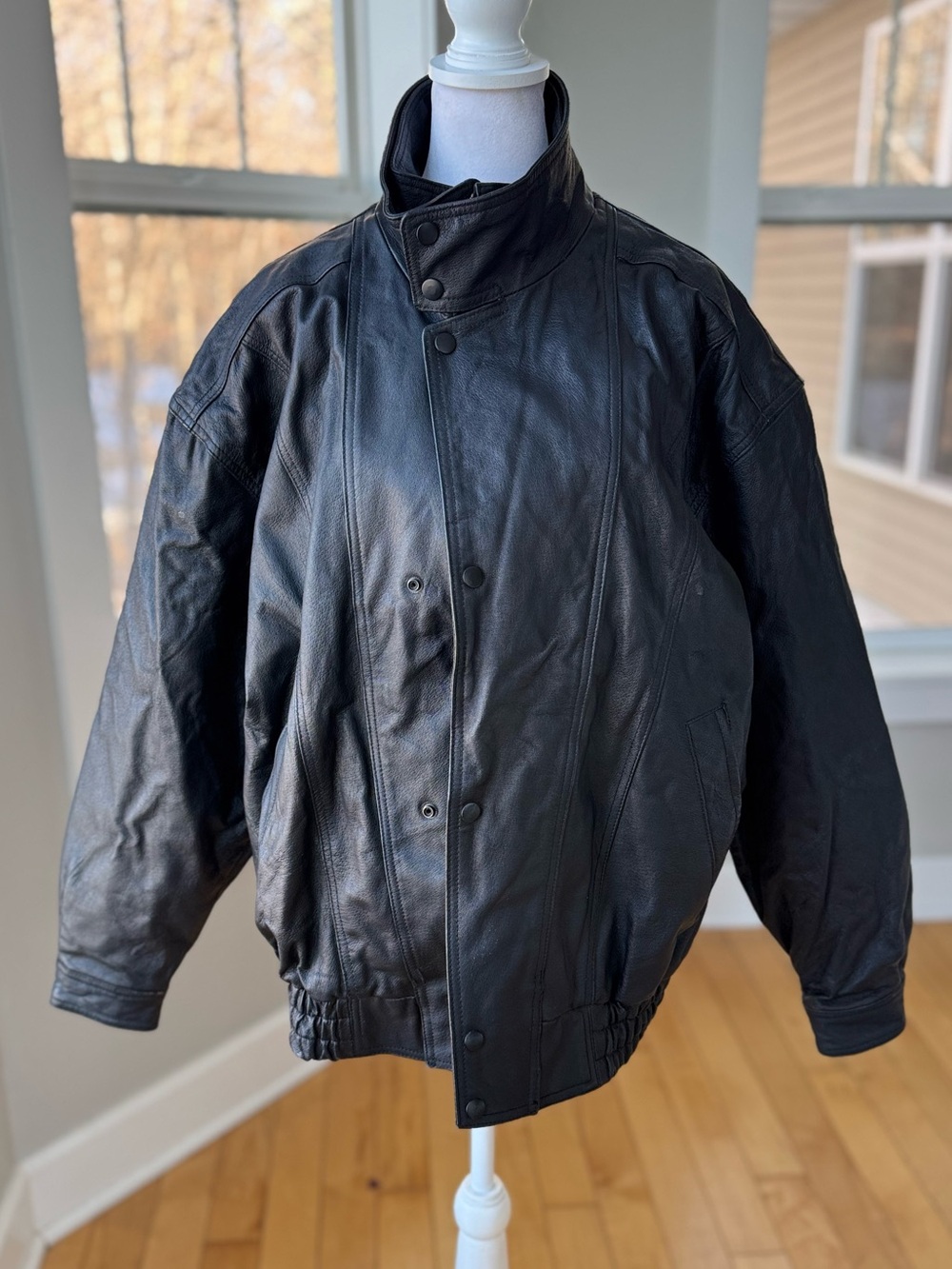Vintage 90s Black Leather Bomber Jacket High Collar Funnel Neck